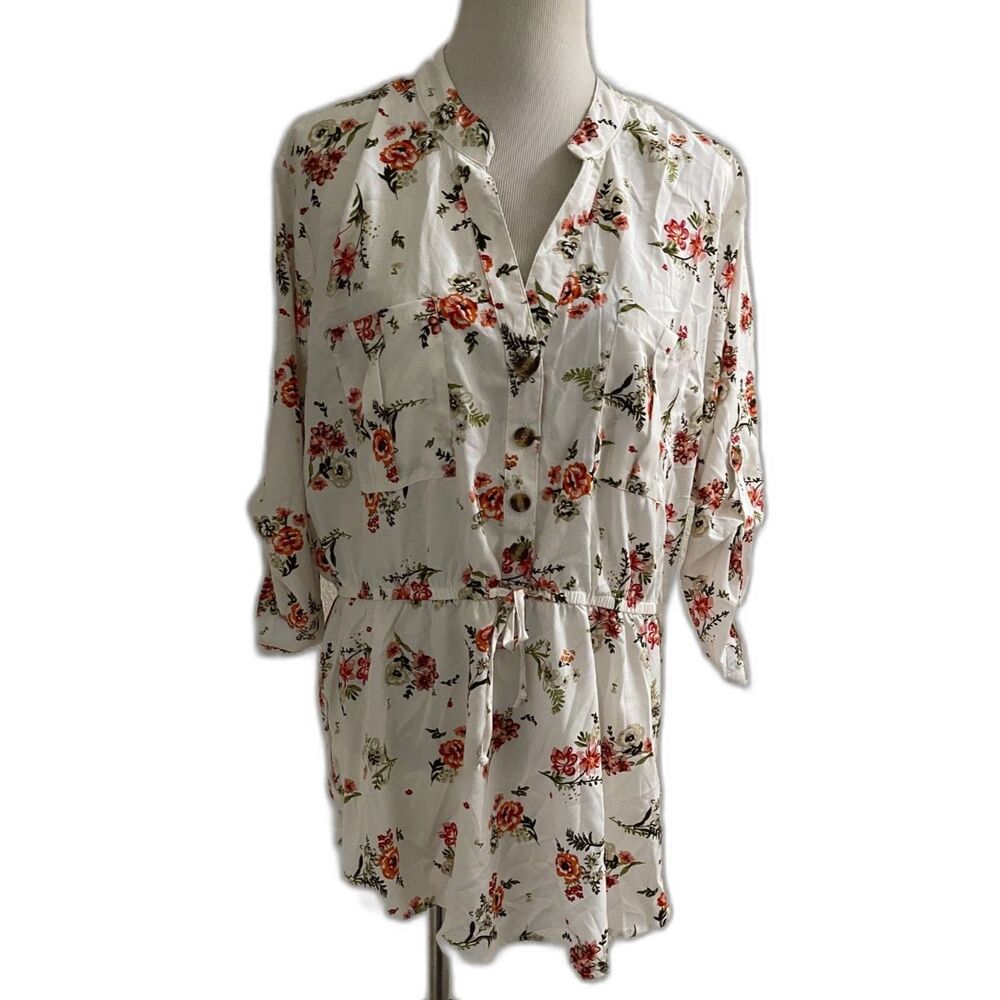 MPH Collection Floral Rose Petite Flower Tie Waist Top Blouse Shirt Size 2X